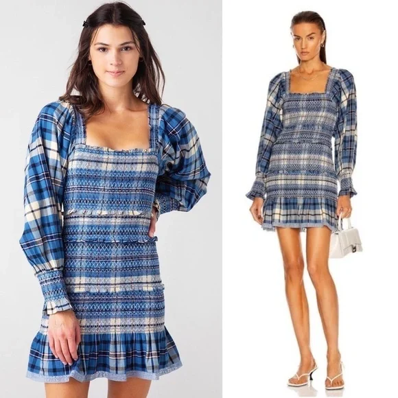 NEW LOVESHACKFANCY 90s Plaid Puff Sleeve Square Neck Smocked Tier Ruffle Dress M